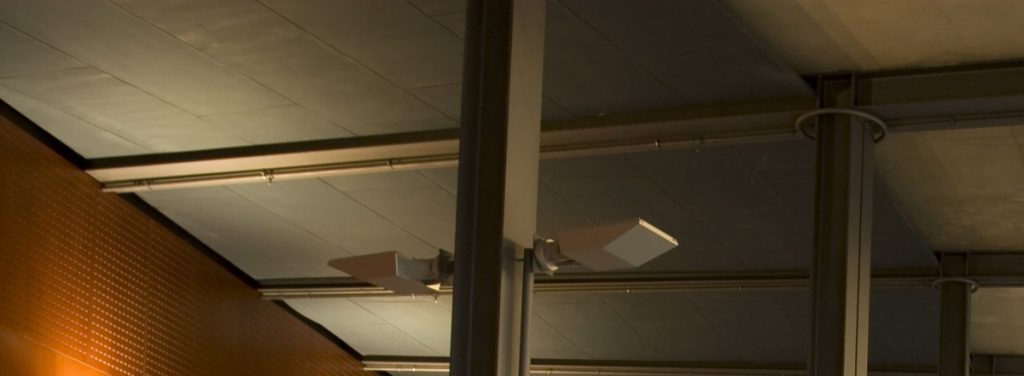 Lobby ceiling above a timber wall