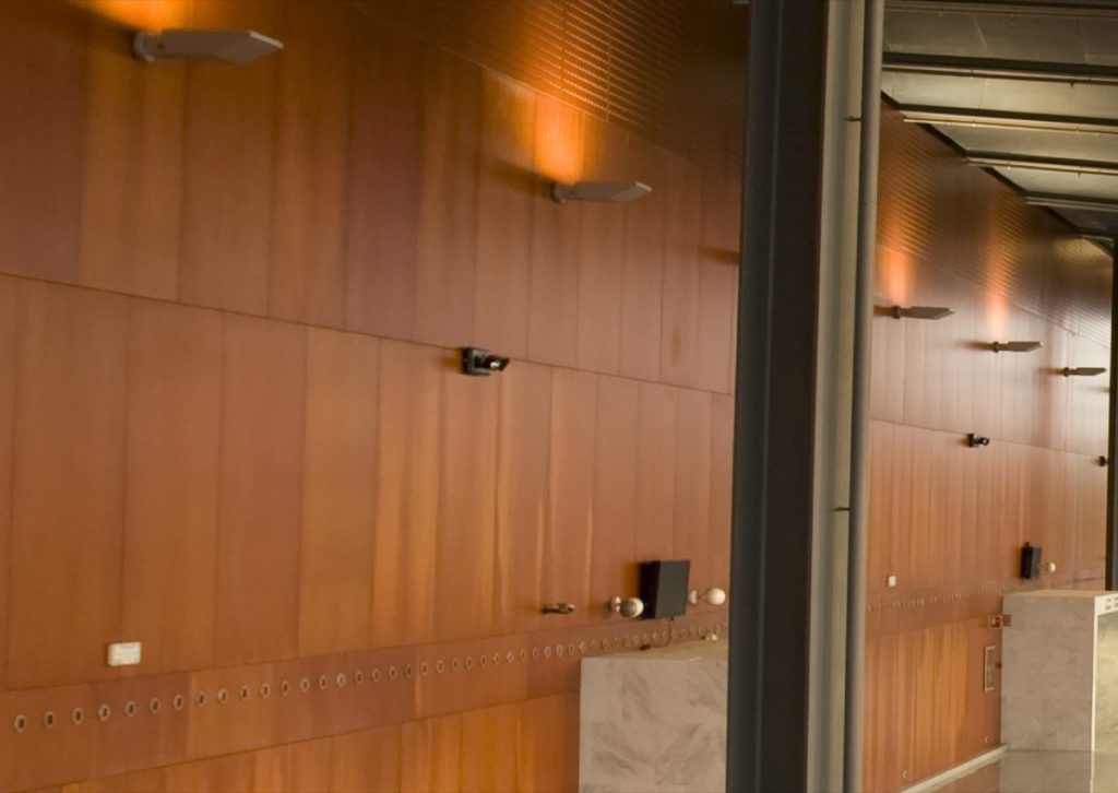 Timber-clad lobby wall and reception desk