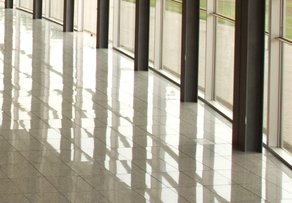 Reflections on a polished lobby floor